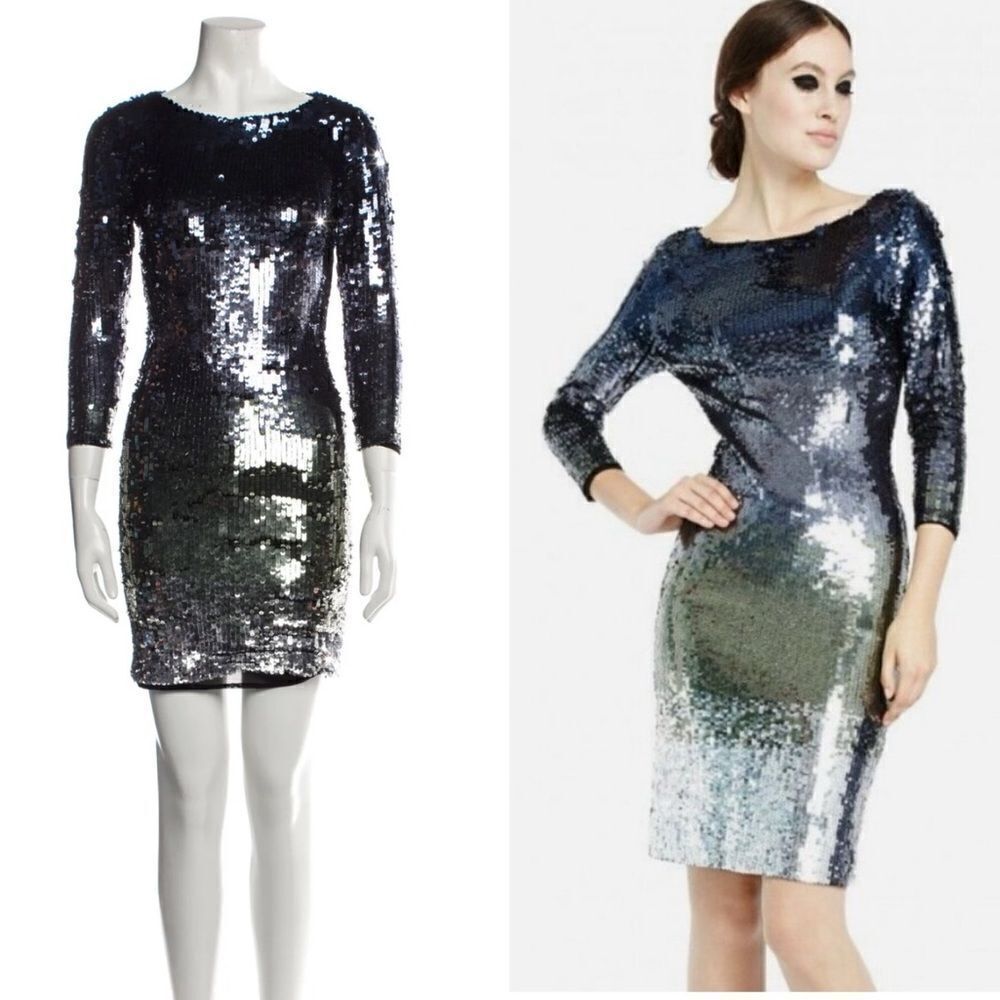 💙✨ Alice + Olivia Blue Sequin Dress 3/4 Sleeve